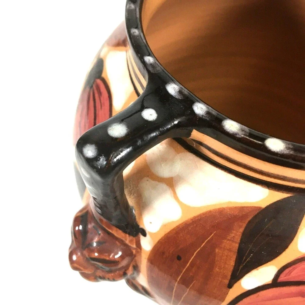 Lion Head Italian Vase Ceramic Glazed Double Handle Floral 7.5” Italy Signed